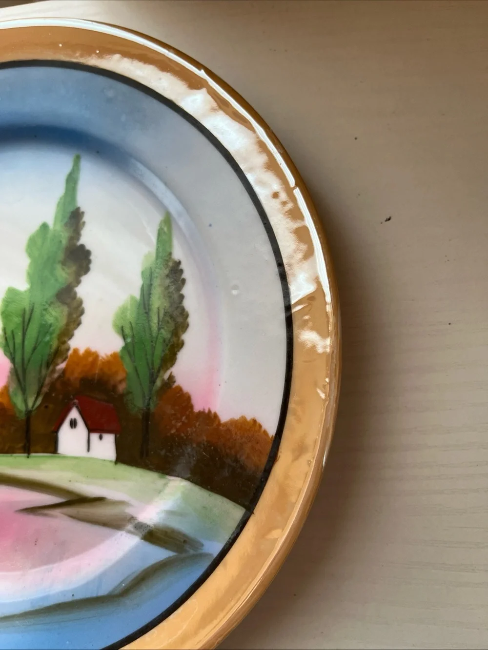 5 Trico Nagoya Japan Lusterware Plates Hand Paint Sunset Cottage Landscape 1930s